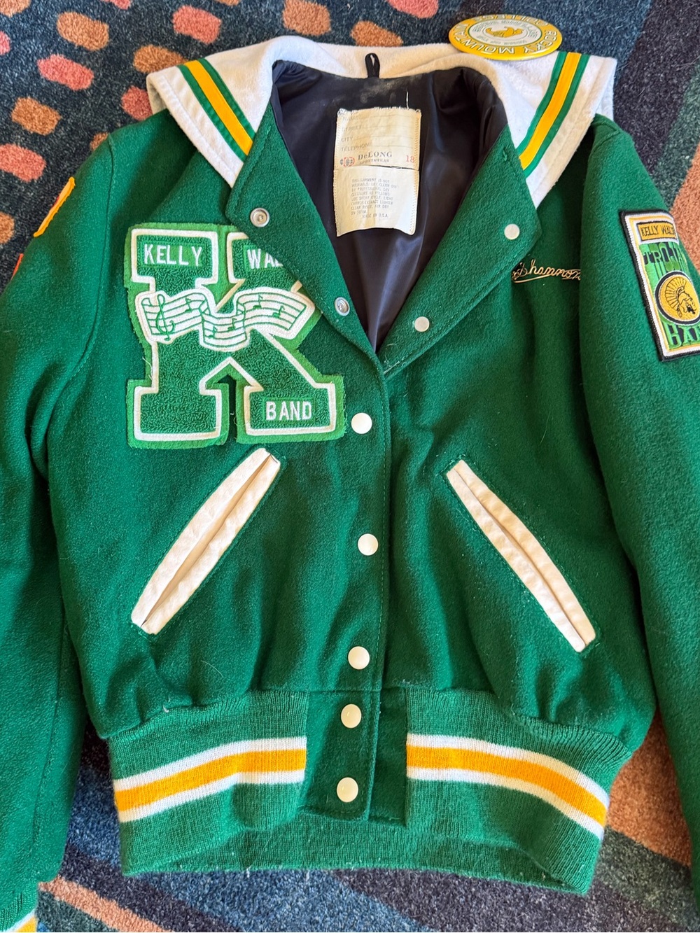 Vintage Kelly Walsh Band Green Wool Letterman Jacket with Striped Trim and pins!